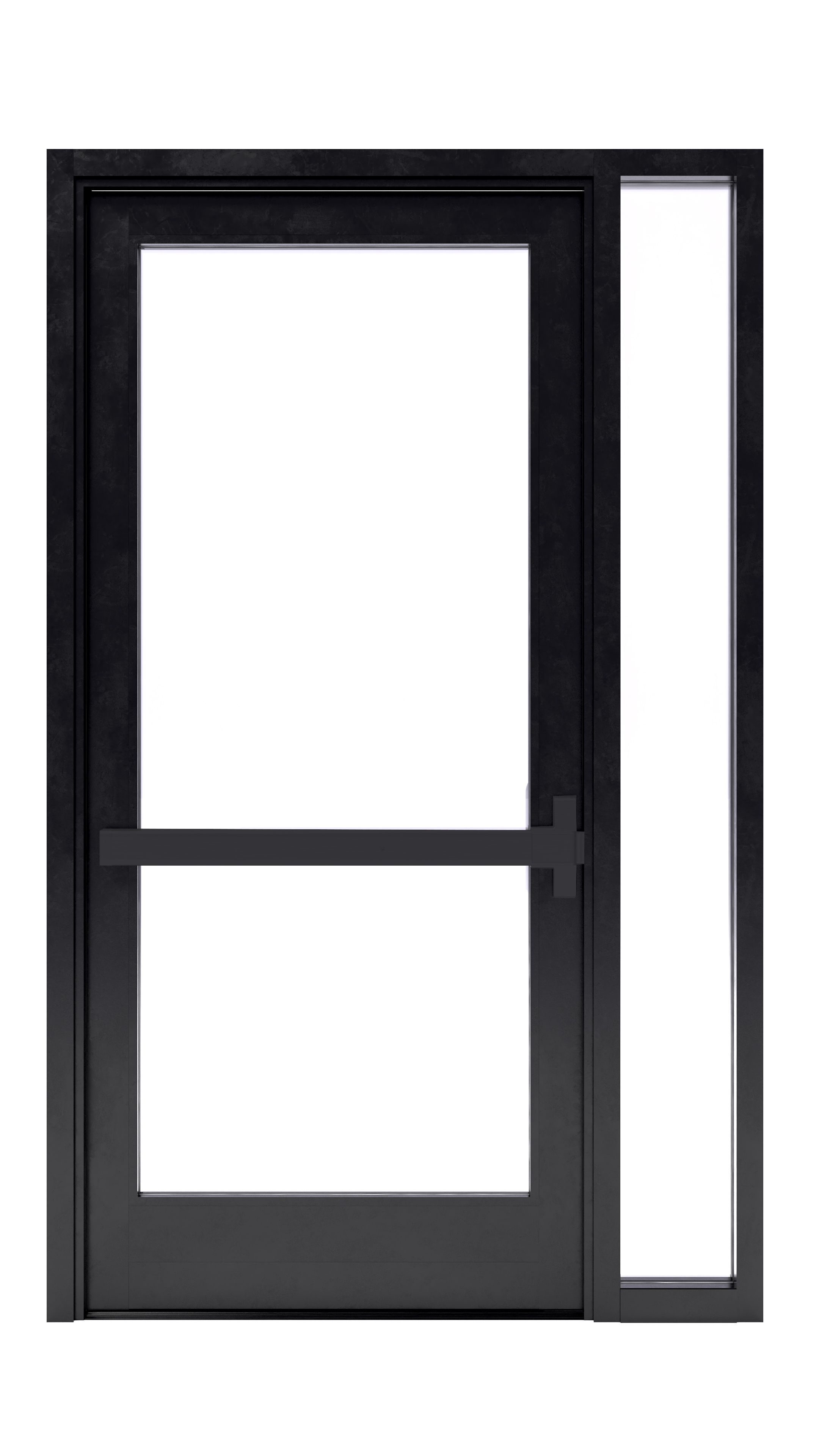 Storefront system overall inside black frame with black handle bar
