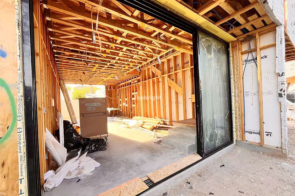 sliding door at front of house